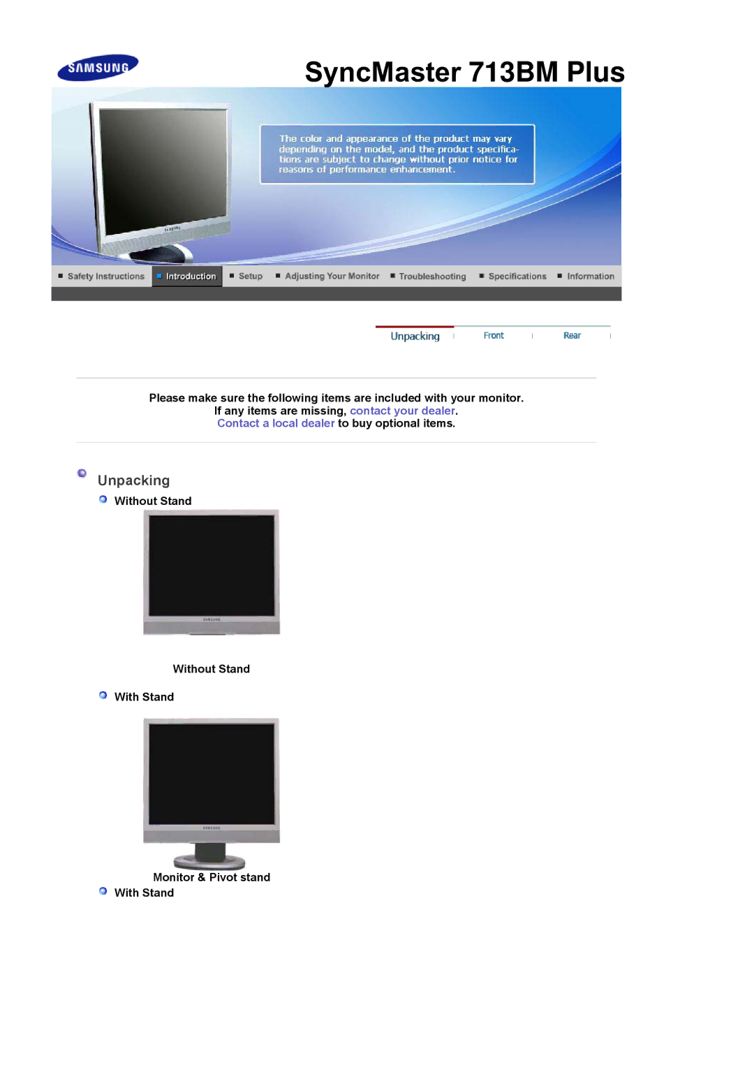 Samsung LS17PLMSSB/DZS, LS17PLMSSB/EDC manual SyncMaster 713BM Plus, Without Stand With Stand Monitor & Pivot stand 