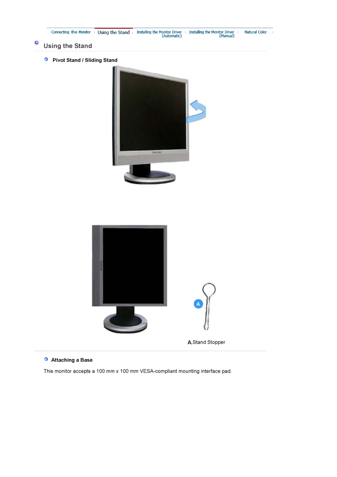 Samsung LS17PLMSSB/EDC, LS19PLMTSQ/EDC, LS17PLMTSQ/EDC manual Using the Stand, Pivot Stand / Sliding Stand, Attaching a Base 