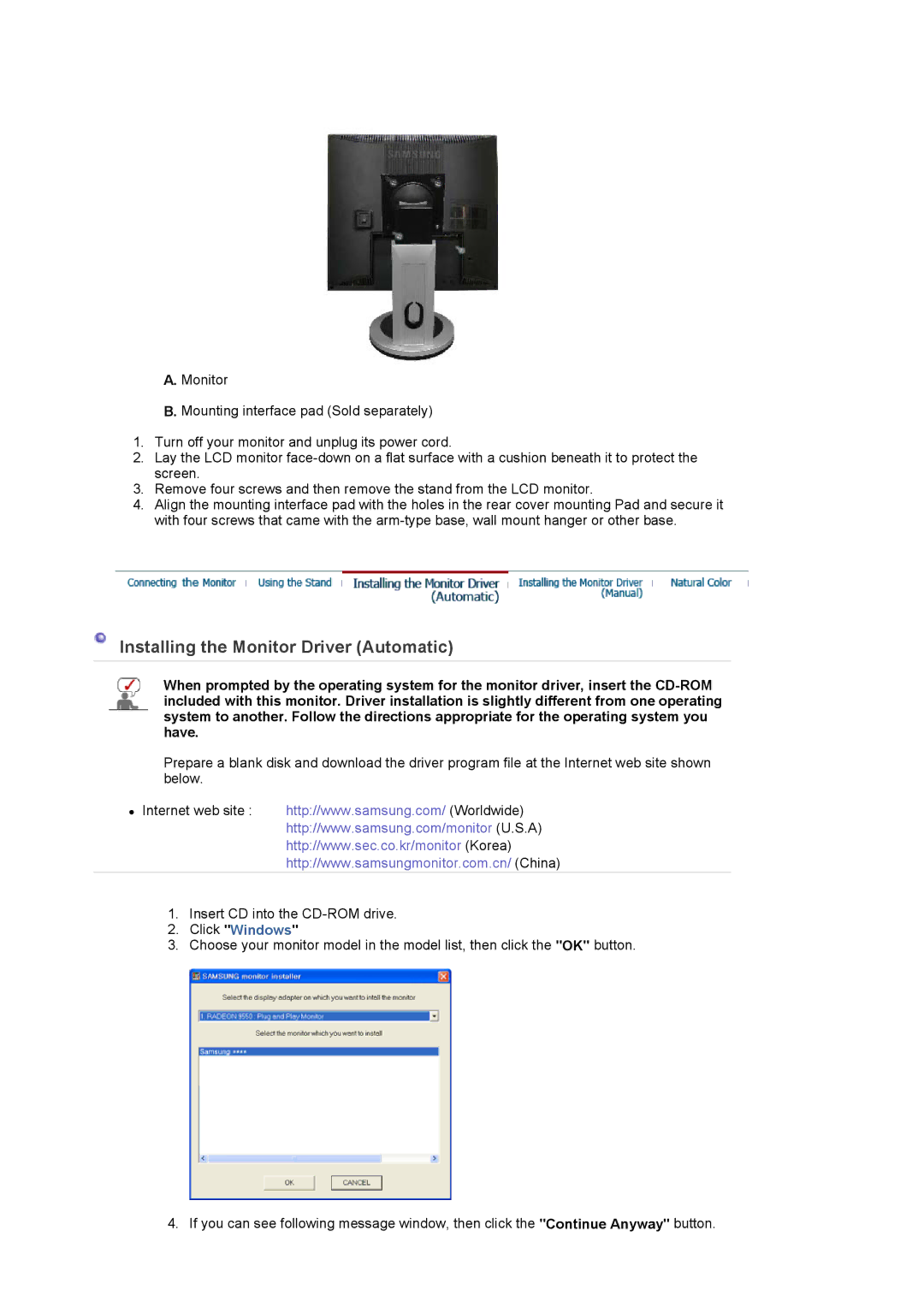 Samsung LS19PLMTSQ/EDC, LS17PLMSSB/EDC, LS17PLMTSQ/EDC manual Installing the Monitor Driver Automatic, Click Windows 