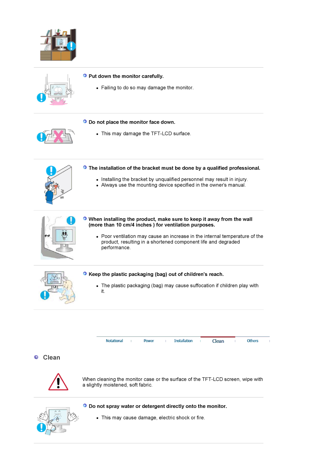 Samsung LS17PLMSSB/EDC, LS19PLMTSQ/EDC manual Clean, Put down the monitor carefully, Do not place the monitor face down 