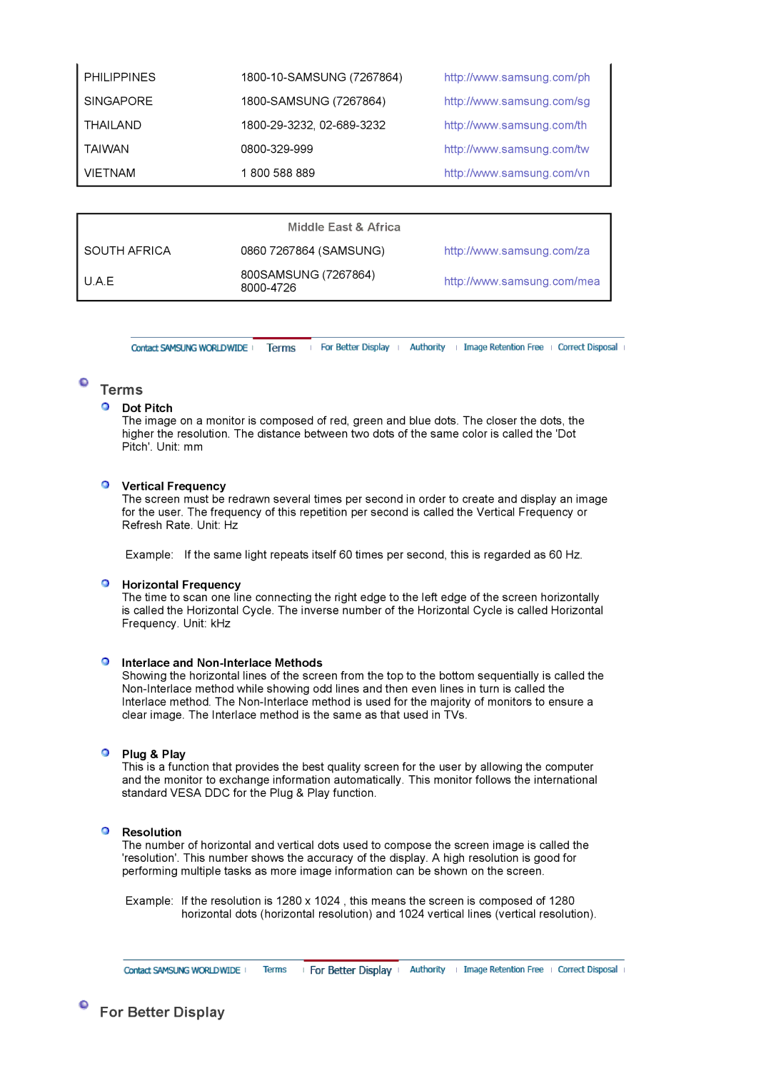 Samsung LS17PLMSSB/DZS, LS17PLMSSB/EDC, LS19PLMTSQ/EDC, LS17PLMTSQ/EDC manual Terms, For Better Display, Middle East & Africa 