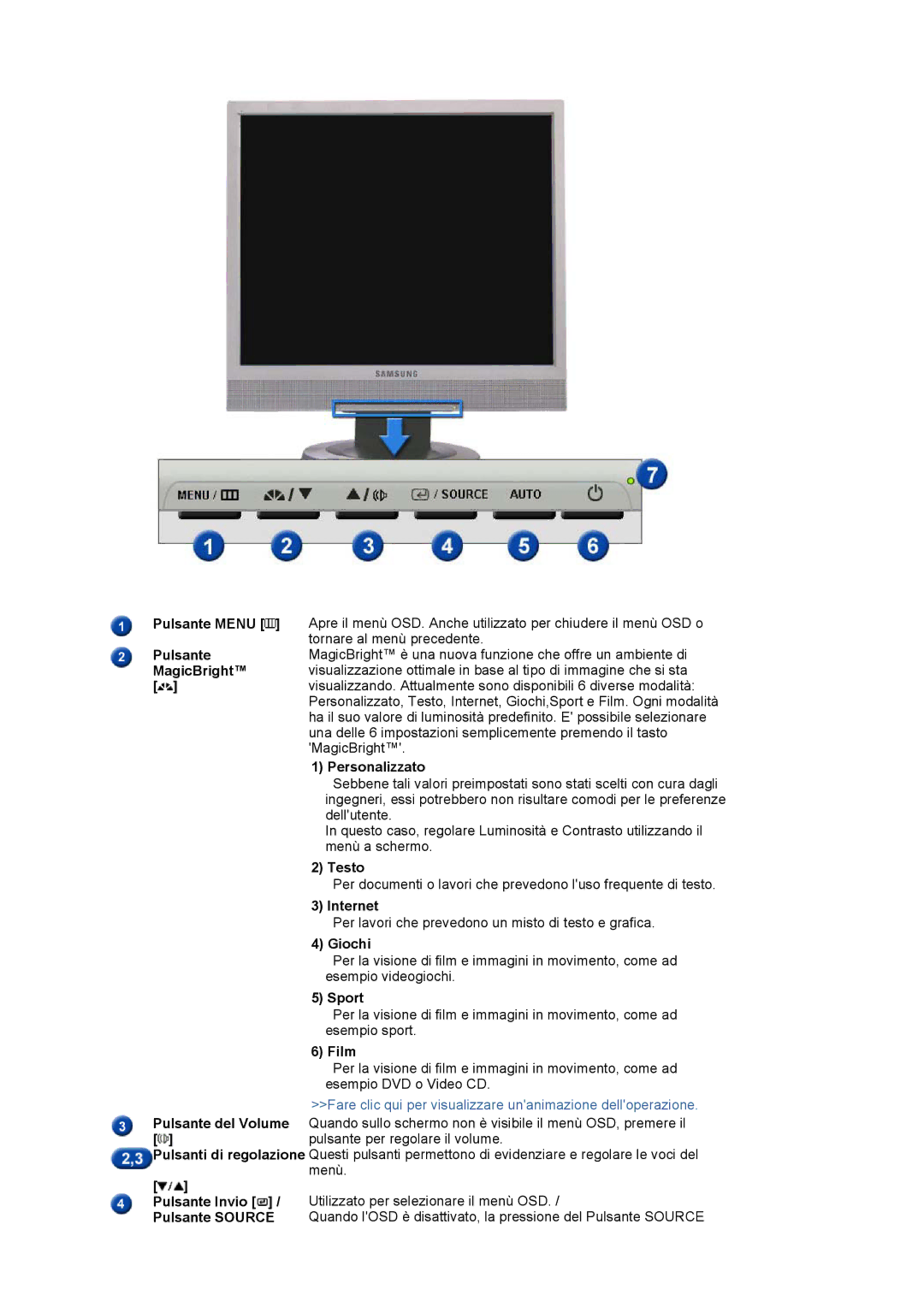 Samsung LS19PLMTSQ/EDC, LS17PLMSSB/EDC, LS17PLMTSQ/EDC, LS17PLMSKB/EDC manual Pulsante Menu 