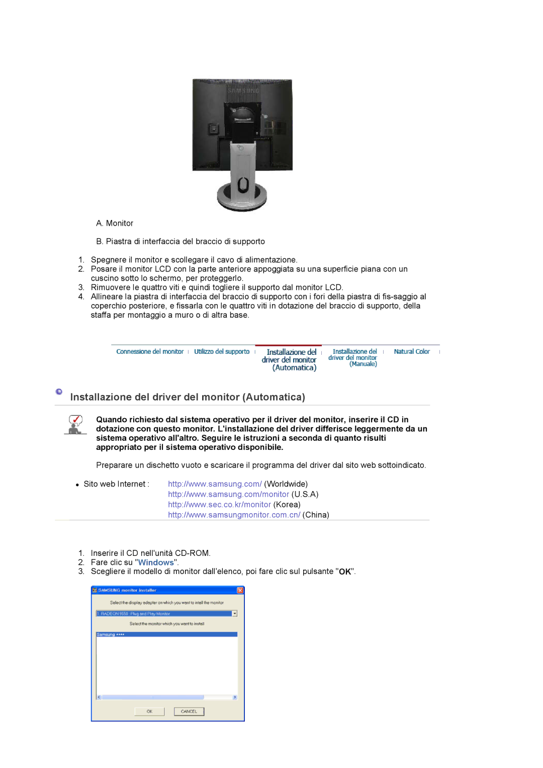 Samsung LS17PLMTSQ/EDC, LS17PLMSSB/EDC, LS19PLMTSQ/EDC, LS17PLMSKB/EDC manual Installazione del driver del monitor Automatica 