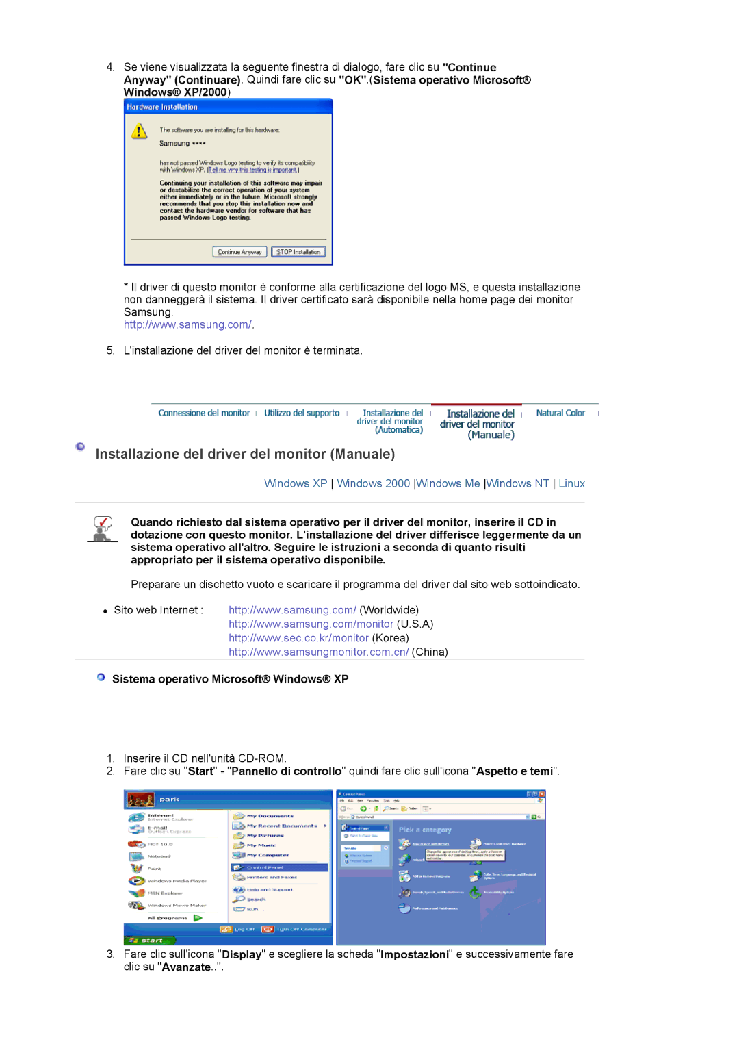 Samsung LS17PLMSKB/EDC manual Installazione del driver del monitor Manuale, Sistema operativo Microsoft Windows XP 