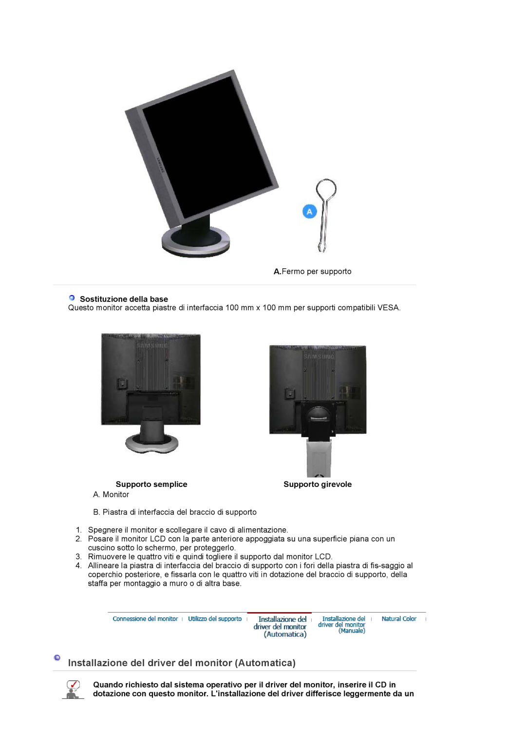 Samsung LS17PLMTSQ/EDC, LS17PLMSSB/EDC, LS19PLMTSQ/EDC manual Sostituzione della base, Supporto semplice Supporto girevole 