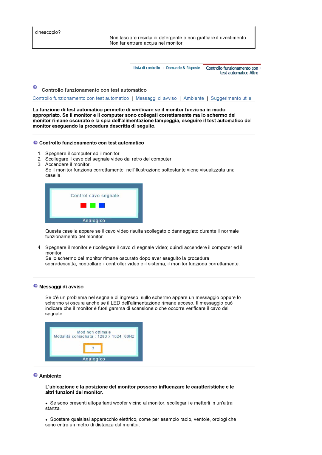 Samsung LS19PLMTSQ/EDC, LS17PLMSSB/EDC, LS17PLMTSQ/EDC manual Controllo funzionamento con test automatico, Messaggi di avviso 