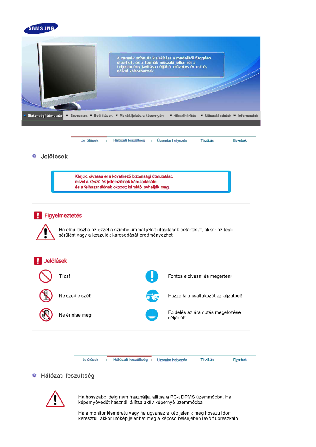 Samsung LS17PLMTSQ/EDC, LS17PLMSSB/EDC, LS19PLMTSQ/EDC, LS17PLMSKB/EDC manual Jelölések, Hálózati feszültség 