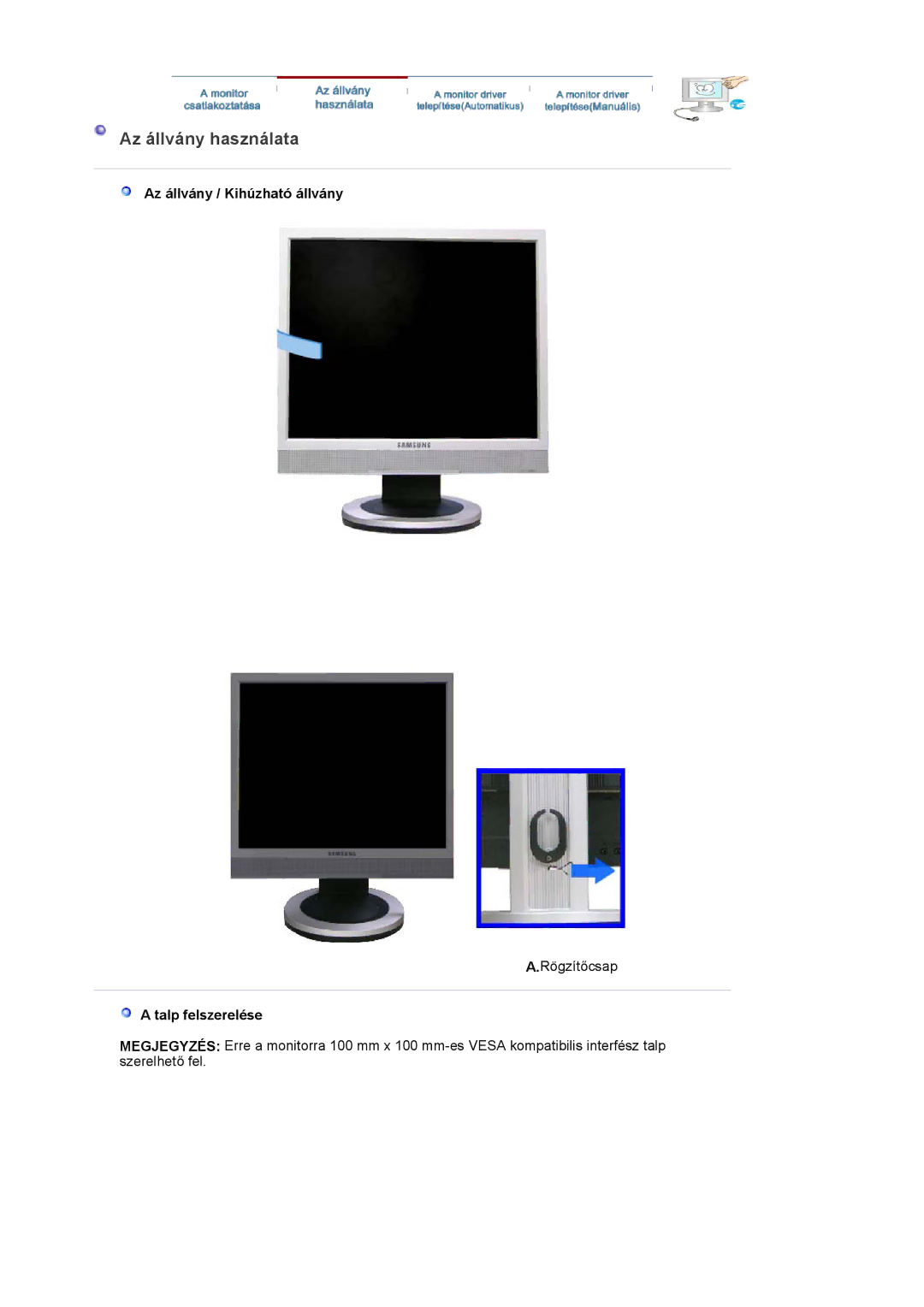 Samsung LS17PLMSSB/EDC, LS19PLMTSQ/EDC manual Az állvány használata, Az állvány / Kihúzható állvány, Talp felszerelése 