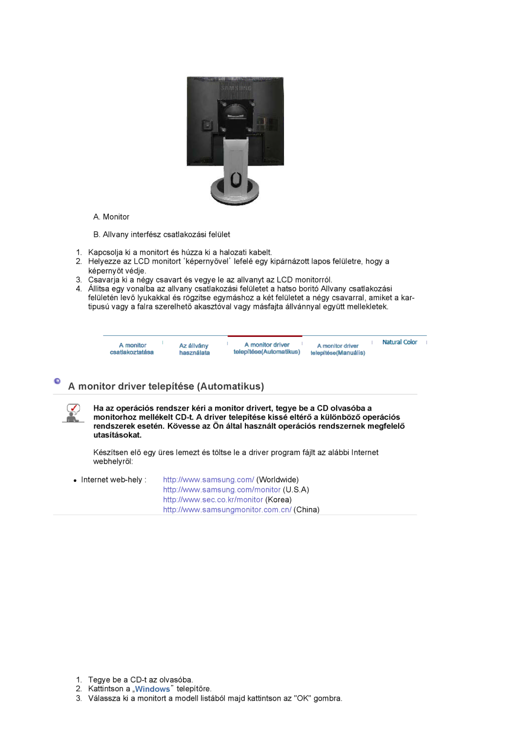 Samsung LS19PLMTSQ/EDC, LS17PLMSSB/EDC, LS17PLMTSQ/EDC, LS17PLMSKB/EDC manual Monitor driver telepítése Automatikus 