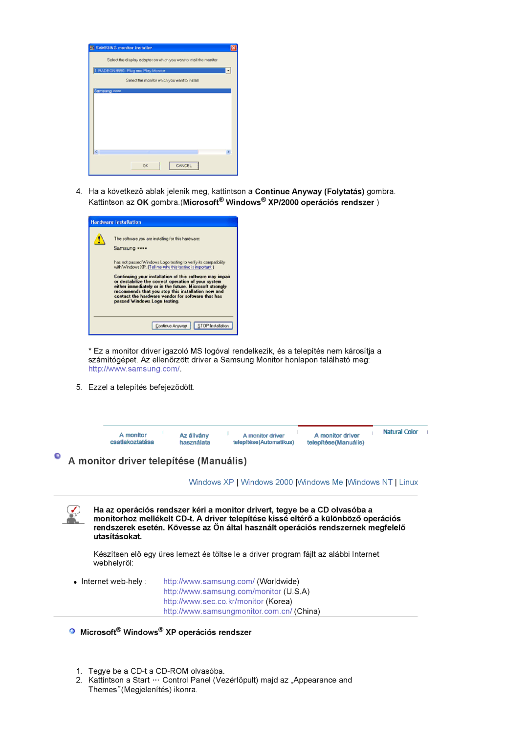 Samsung LS17PLMTSQ/EDC, LS17PLMSSB/EDC manual Monitor driver telepítése Manuális, Microsoft Windows XP operációs rendszer 