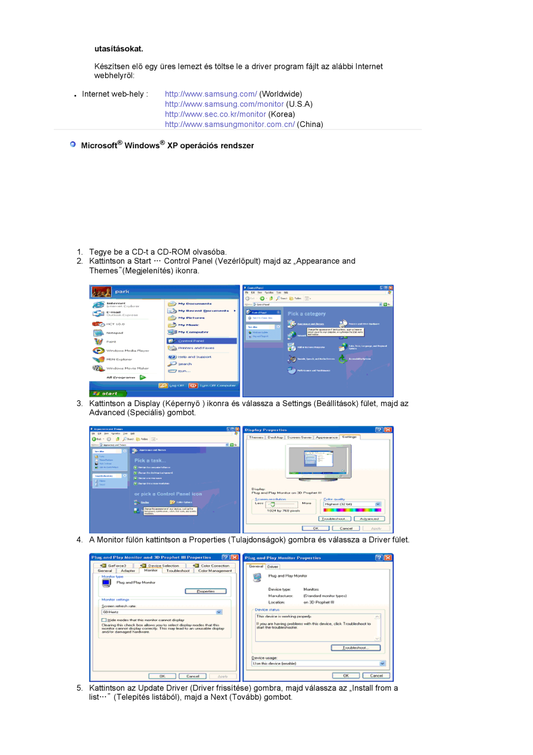 Samsung LS17PLMSSB/EDC, LS19PLMTSQ/EDC, LS17PLMTSQ/EDC, LS17PLMSKB/EDC Utasításokat, Microsoft Windows XP operációs rendszer 