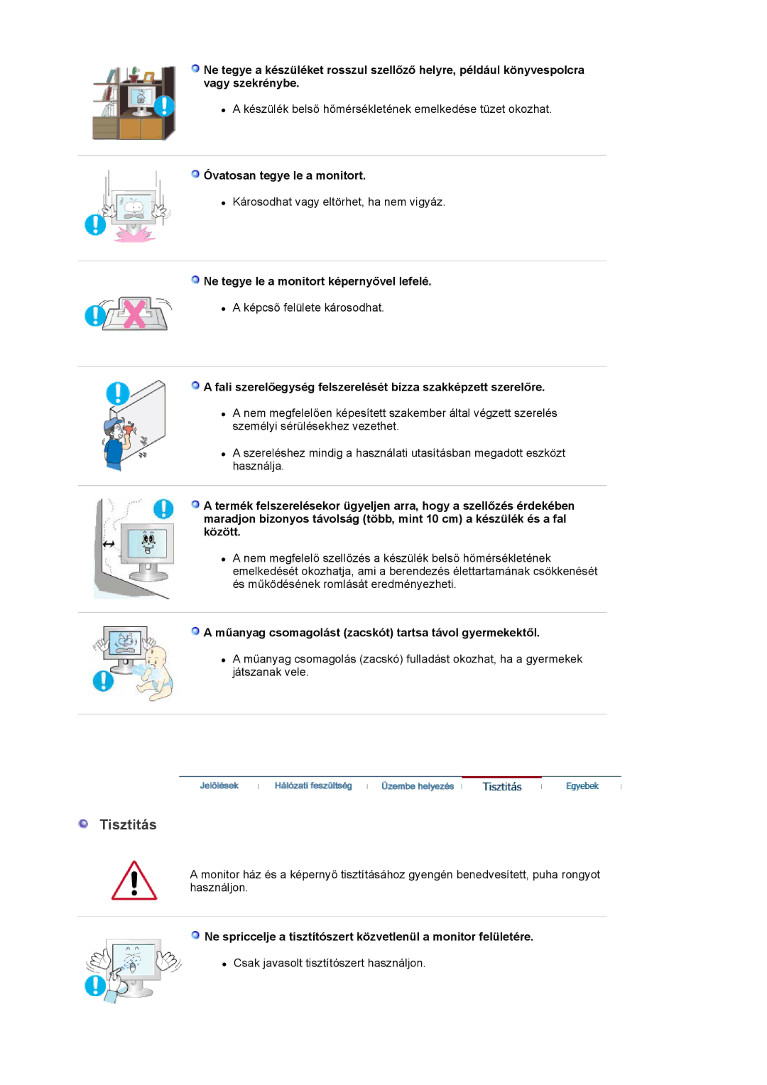 Samsung LS19PLMTSQ/EDC, LS17PLMSSB/EDC Tisztitás, Óvatosan tegye le a monitort, Ne tegye le a monitort képernyővel lefelé 