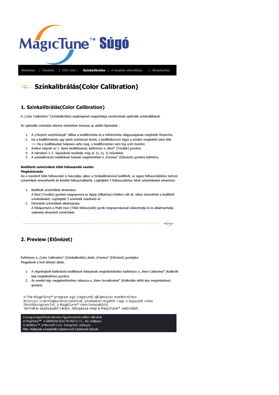 Samsung LS19PLMTSQ/EDC, LS17PLMSSB/EDC, LS17PLMTSQ/EDC, LS17PLMSKB/EDC manual SzínkalibrálásColor Calibration 