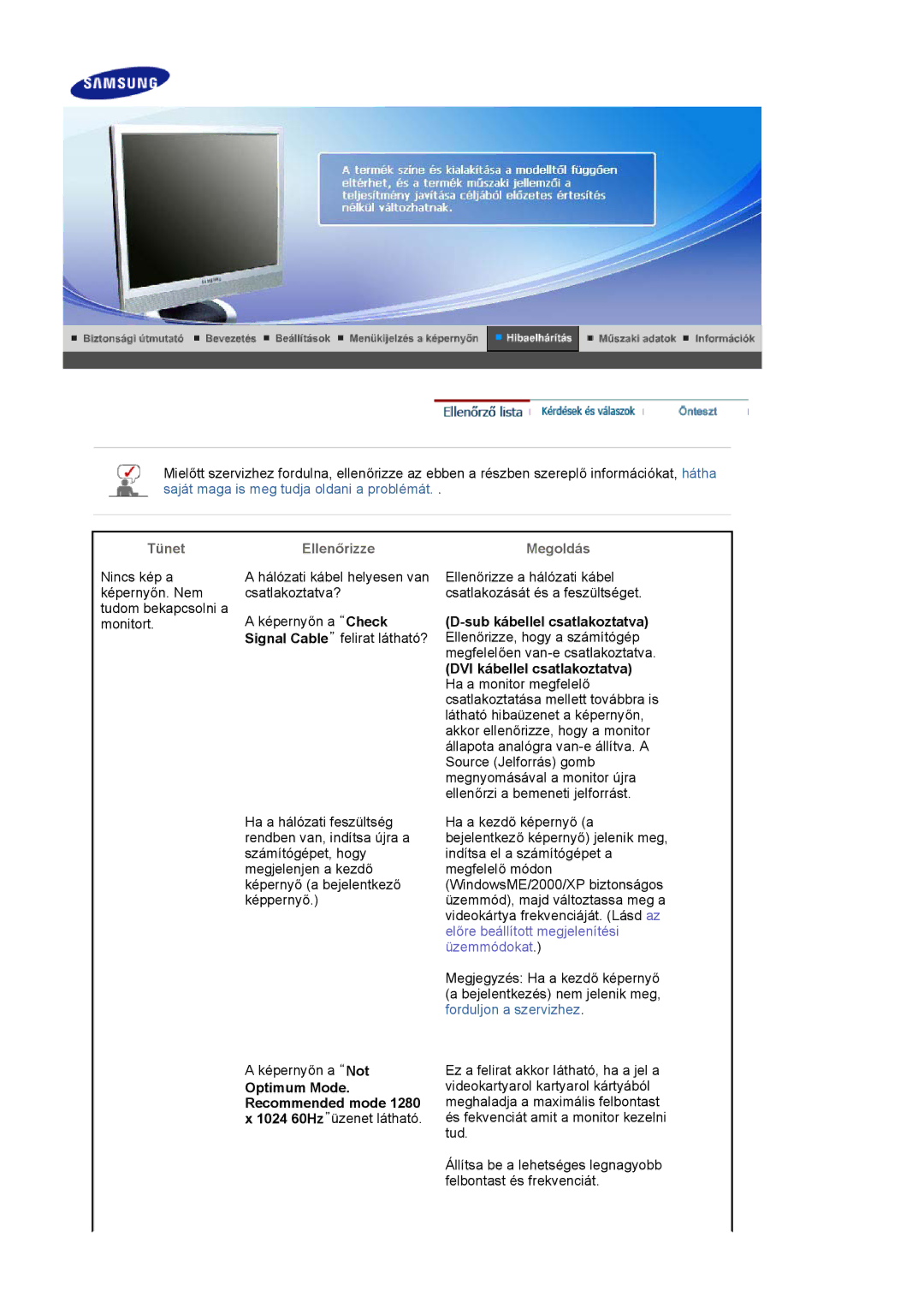 Samsung LS19PLMTSQ/EDC, LS17PLMSSB/EDC, LS17PLMTSQ/EDC, LS17PLMSKB/EDC manual TünetEllenőrizze Megoldás 