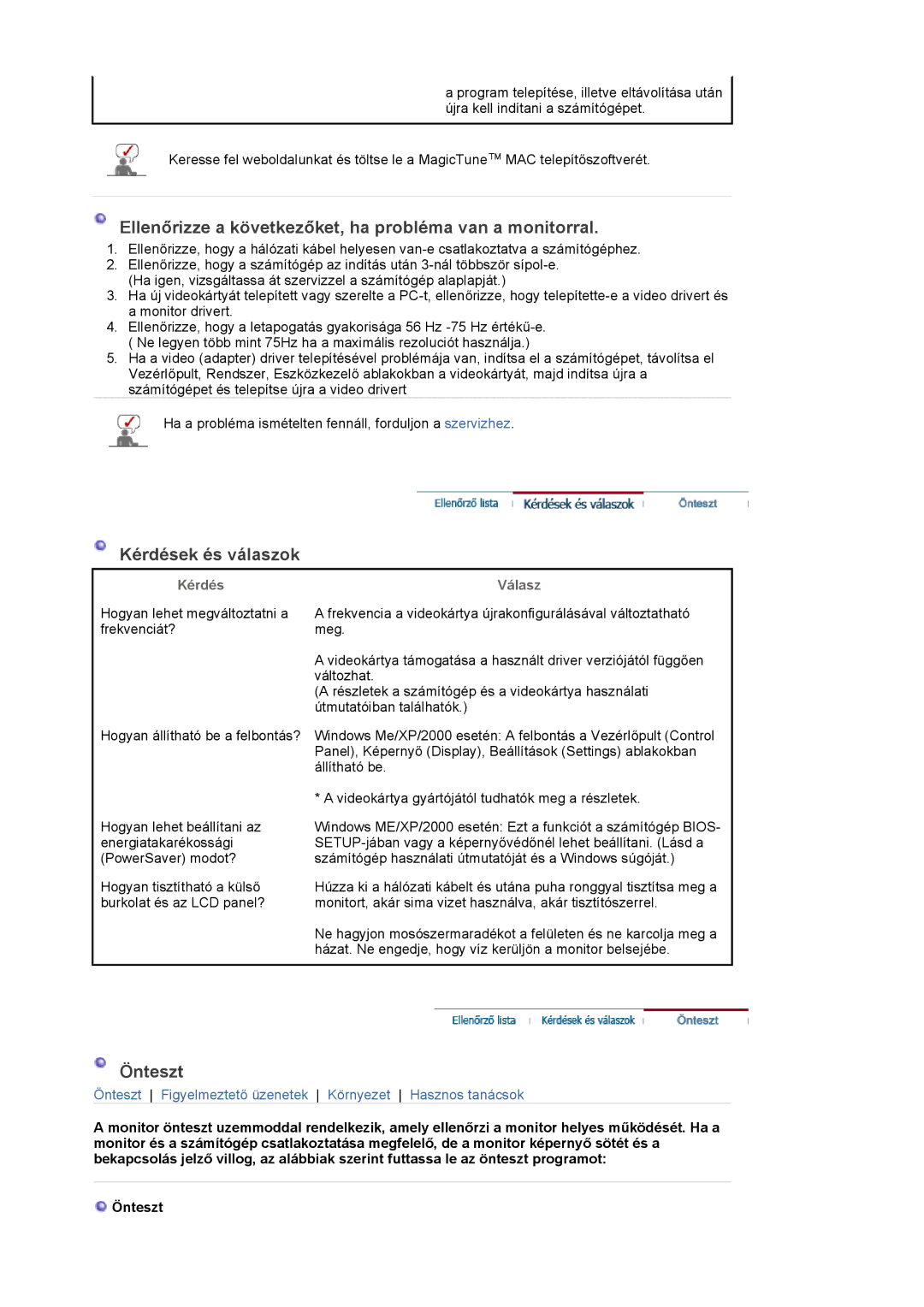 Samsung LS17PLMSSB/EDC manual Ellenőrizze a következőket, ha probléma van a monitorral, Kérdések és válaszok, Önteszt 