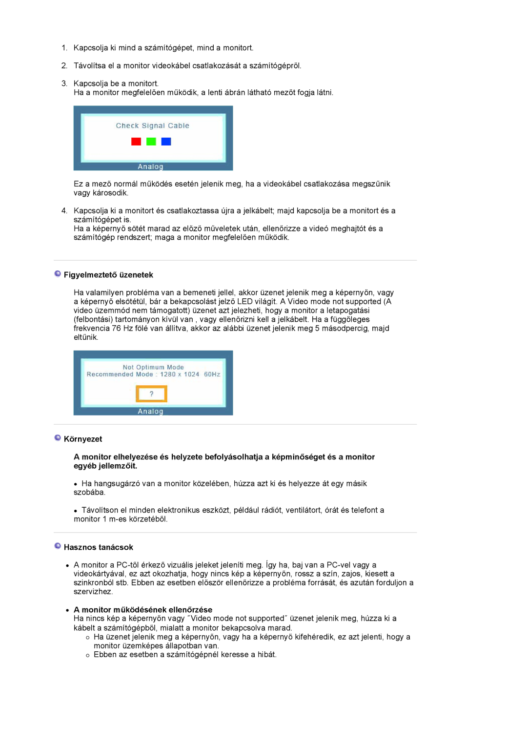 Samsung LS19PLMTSQ/EDC, LS17PLMSSB/EDC manual Figyelmeztető üzenetek, Hasznos tanácsok, Monitor működésének ellenőrzése 