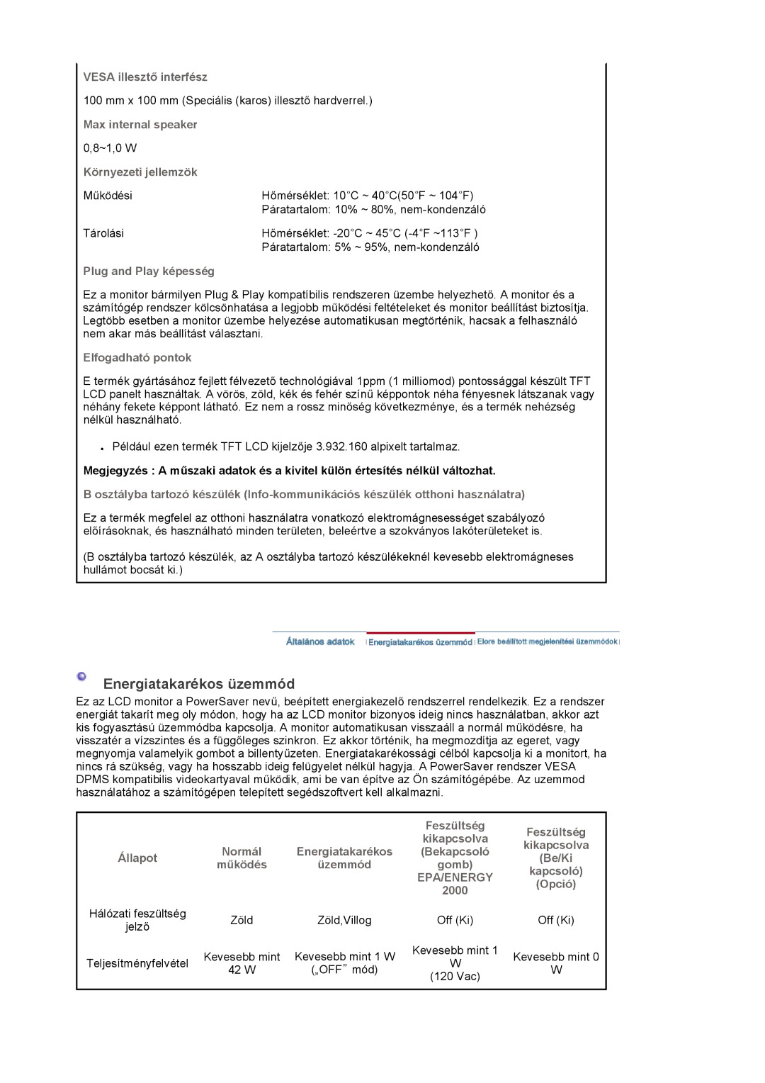 Samsung LS17PLMSKB/EDC, LS17PLMSSB/EDC, LS19PLMTSQ/EDC, LS17PLMTSQ/EDC manual Energiatakarékos üzemmód, Környezeti jellemzök 