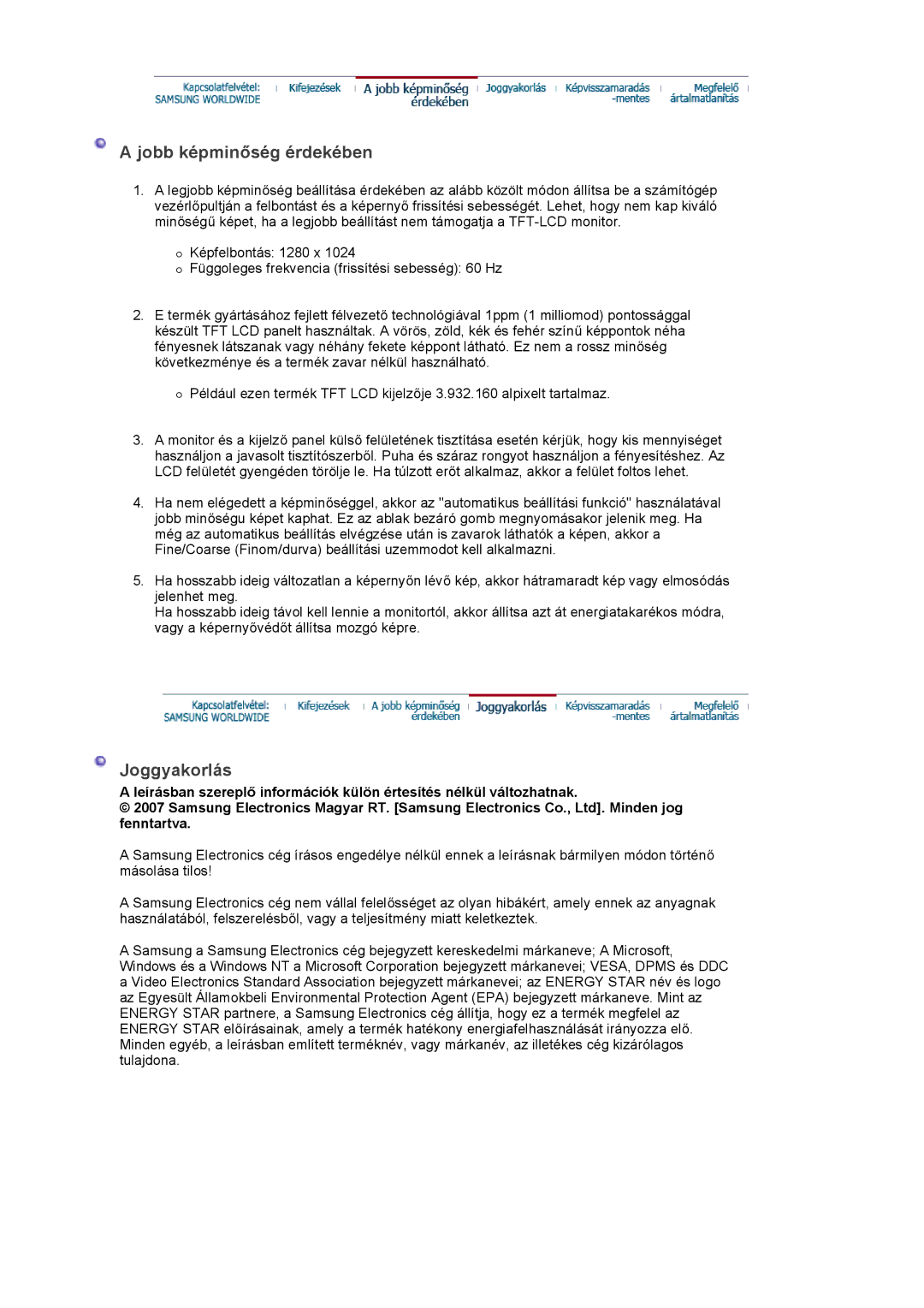 Samsung LS19PLMTSQ/EDC, LS17PLMSSB/EDC, LS17PLMTSQ/EDC, LS17PLMSKB/EDC manual Jobb képminőség érdekében, Joggyakorlás 