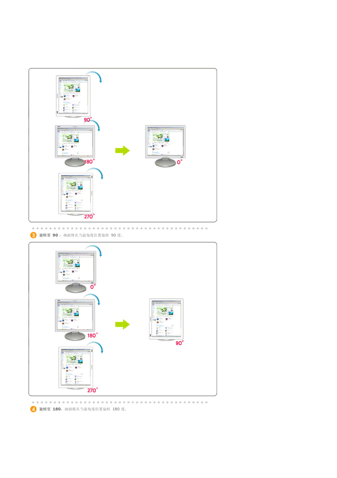 Samsung LS17PLMSSB/EDC, LS19PLMTSQ/EDC, LS17PLMTSQ/EDC manual 旋转至 90 ：画面将从当前角度位置旋转 90 度。 旋转至 180：画面将从当前角度位置旋转 180 度。 