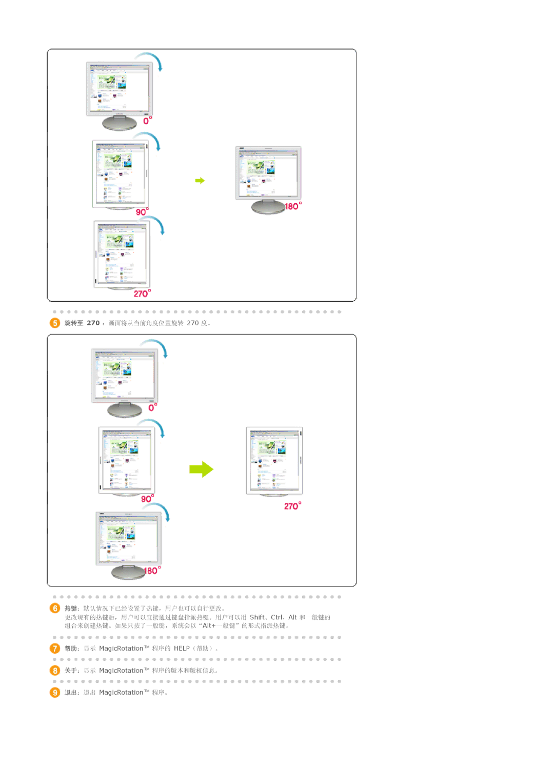 Samsung LS19PLMTSQ/EDC, LS17PLMSSB/EDC, LS17PLMTSQ/EDC, LS17PLMSKB/EDC manual 帮助：显示 MagicRotation 程序的 HELP（帮助）。 