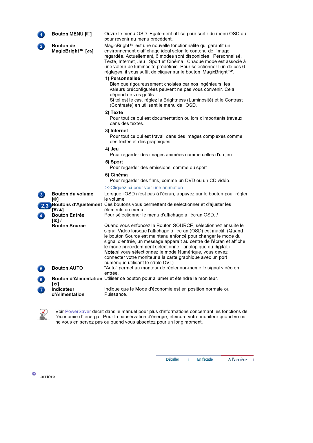 Samsung LS17PLMSSB/EDC Bouton Menu, Bouton de, MagicBright, Personnalisé, Texte, Internet, Jeu, Sport, Cinéma, Bouton Auto 