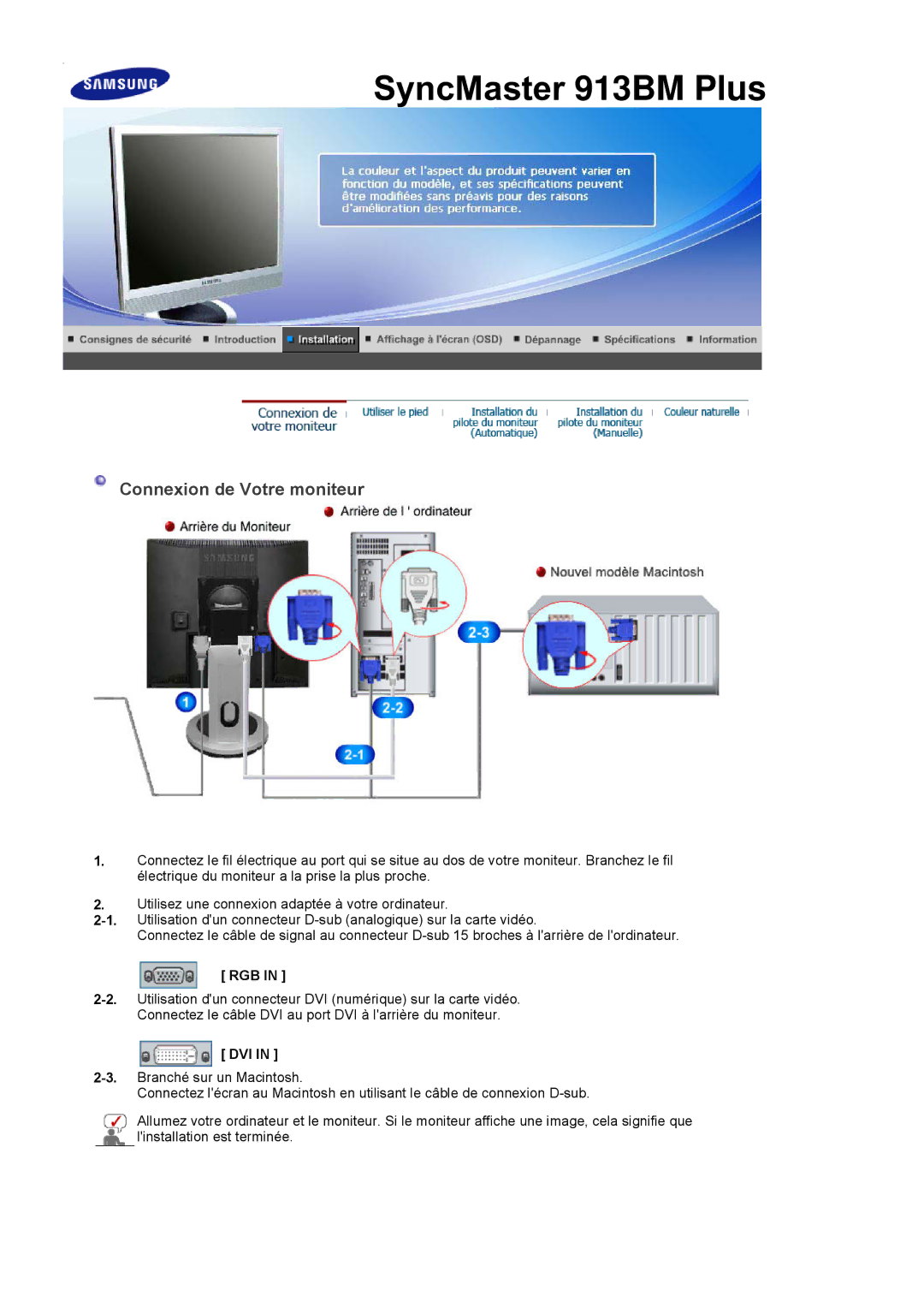 Samsung LS19PLMTSQ/EDC, LS17PLMSSB/EDC, LS17PLMTSQ/EDC manual Connexion de Votre moniteur, Rgb, Dvi 