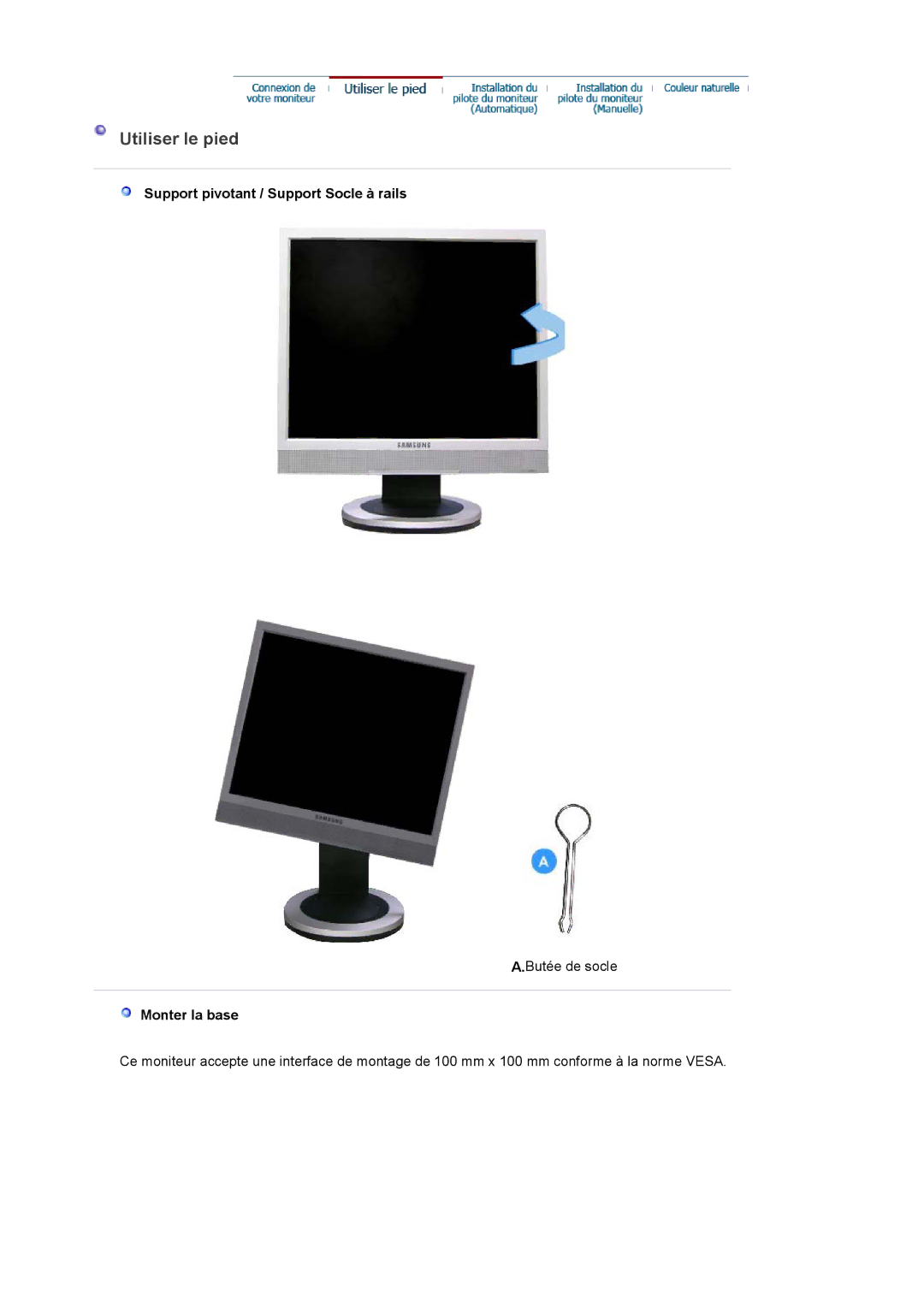 Samsung LS17PLMTSQ/EDC, LS17PLMSSB/EDC manual Utiliser le pied, Support pivotant / Support Socle à rails, Monter la base 