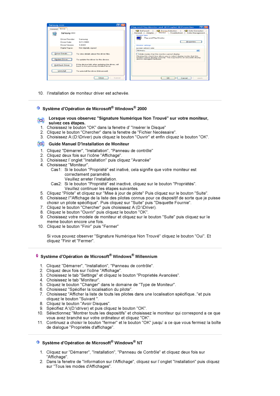 Samsung LS19PLMTSQ/EDC manual Guide Manuel DInstallation de Moniteur, Système dOpération de Microsoft Windows Millennium 