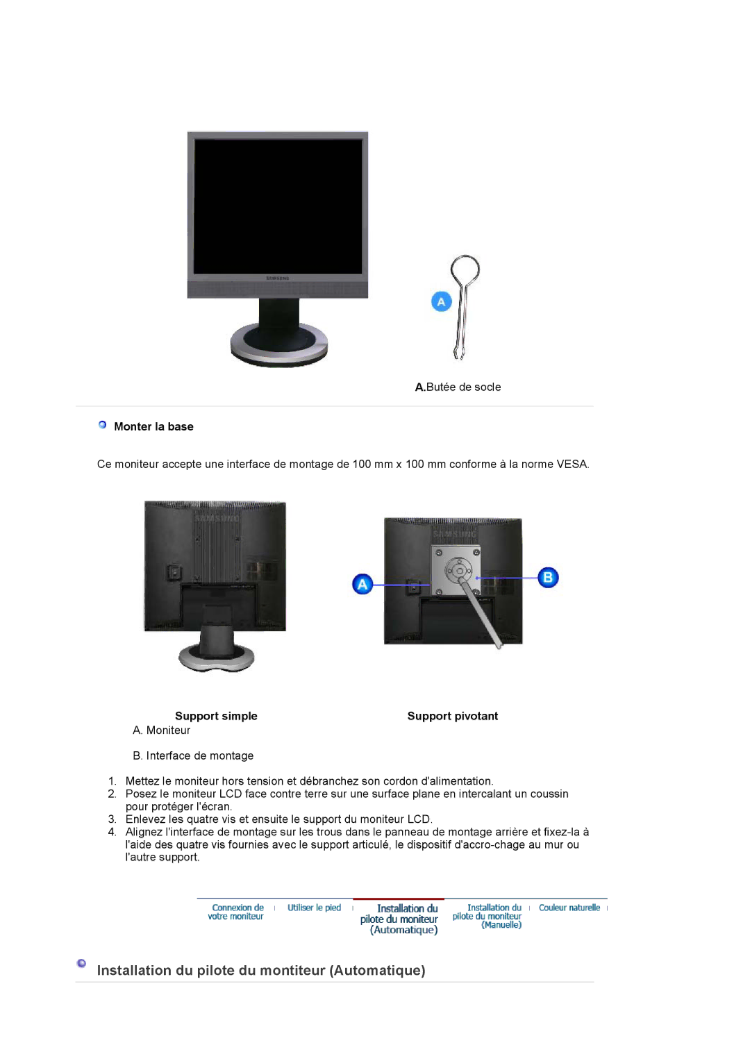 Samsung LS17PLMSSB/EDC, LS19PLMTSQ/EDC, LS17PLMTSQ/EDC manual Monter la base, Support simple Support pivotant 