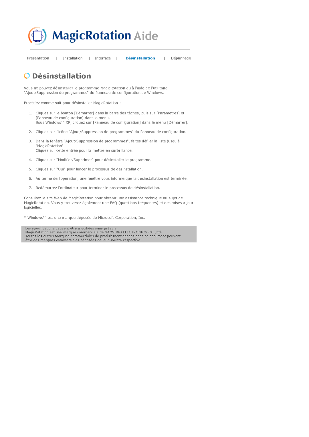 Samsung LS17PLMTSQ/EDC, LS17PLMSSB/EDC, LS19PLMTSQ/EDC manual Désinstallation 