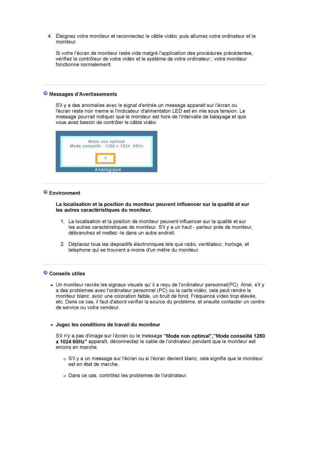 Samsung LS17PLMTSQ/EDC manual Messages dAvertissements, Conseils utiles, Jugez les conditions de travail du moniteur 