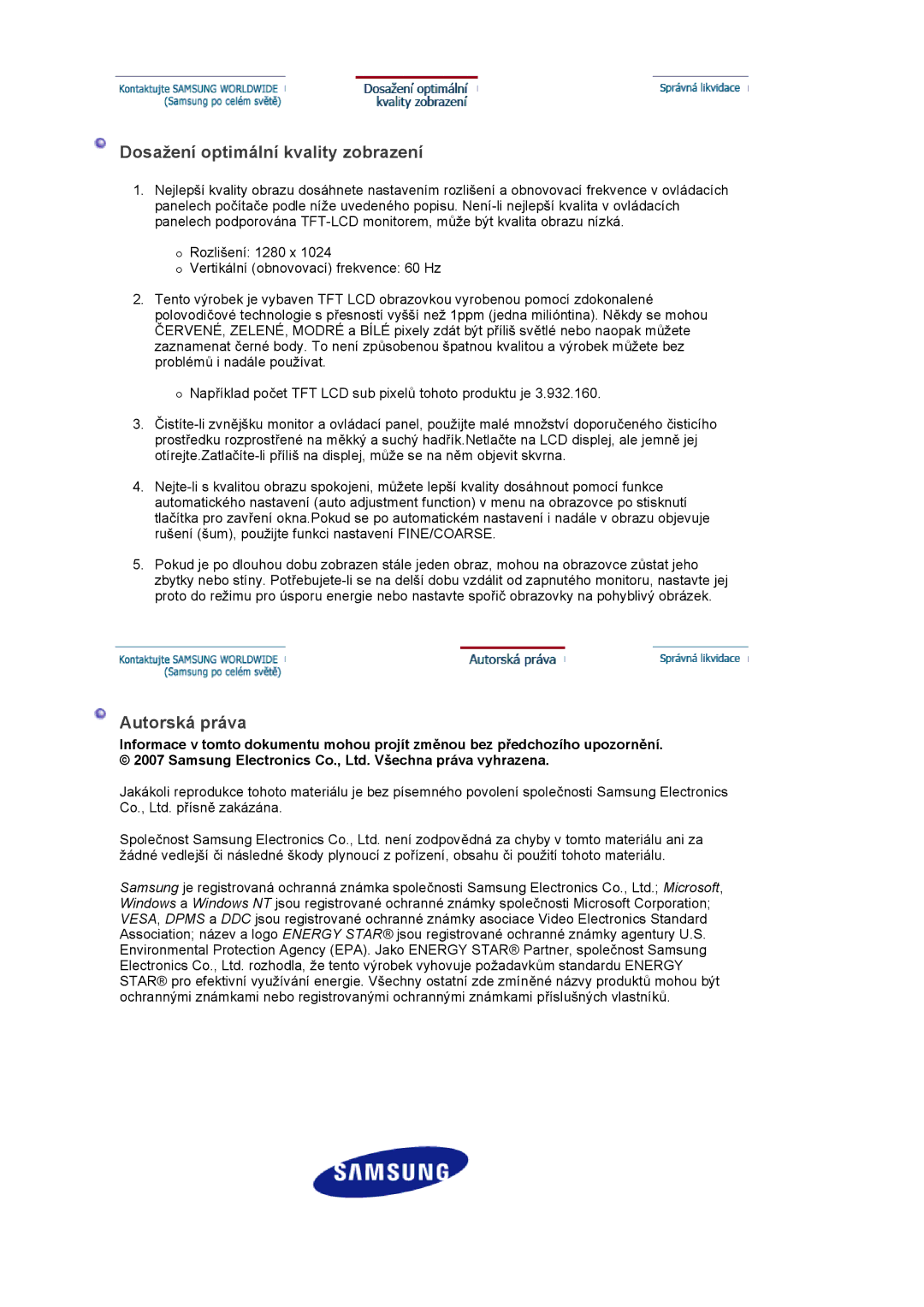 Samsung LS17PLMSSB/EDC, LS19PLMTSQ/EDC manual Dosažení optimální kvality zobrazení, Autorská práva 