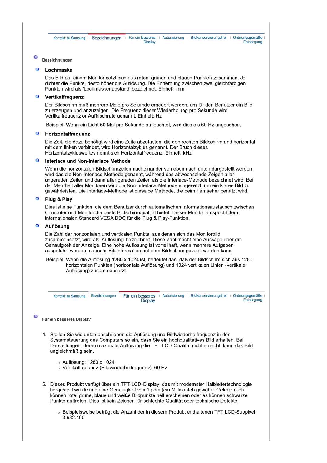 Samsung LS17SMTTS/EDC Lochmaske, Vertikalfrequenz, Horizontalfrequenz, Interlace und Non-Interlace Methode, Plug & Play 