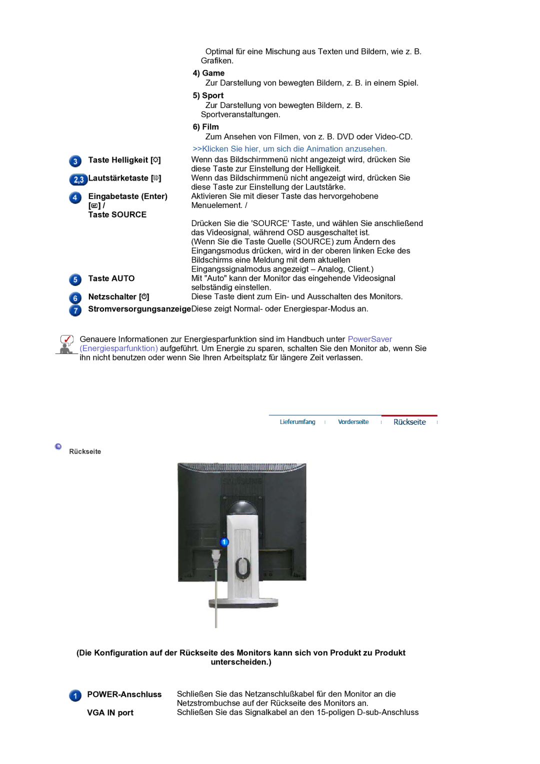 Samsung LS17SMTTS/EDC Game, Sport, Film, Taste Helligkeit, Lautstärketaste, Eingabetaste Enter, Taste Source, Taste Auto 