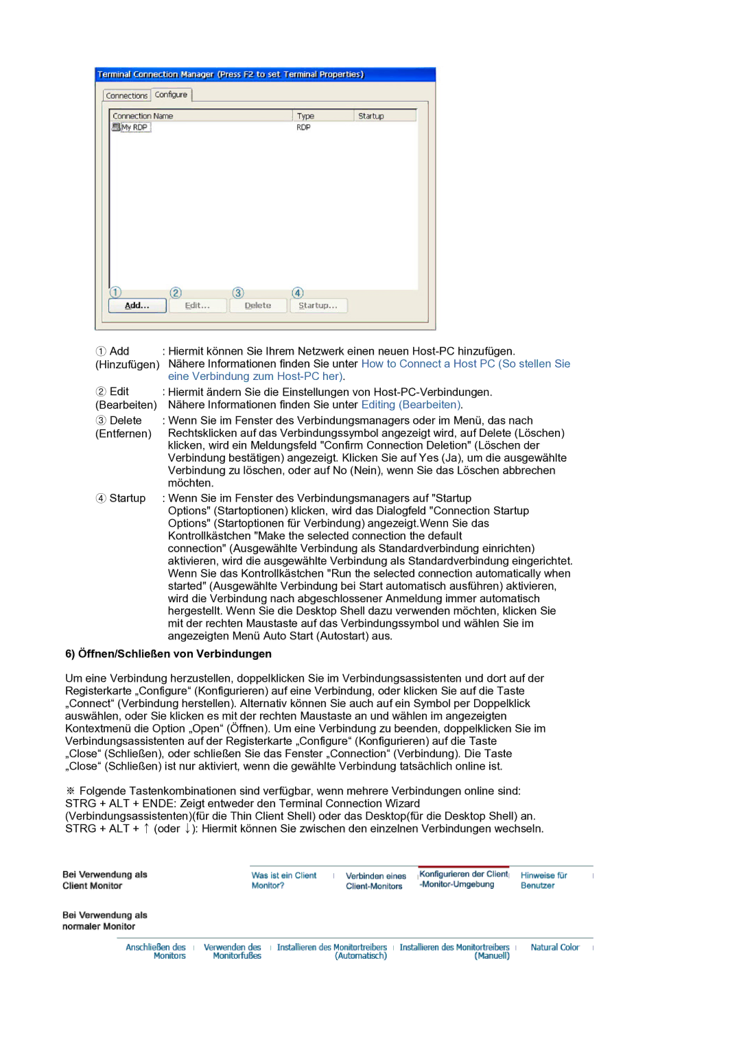 Samsung LS17SMTTS/EDC manual Eine Verbindung zum Host-PC her, Öffnen/Schließen von Verbindungen 