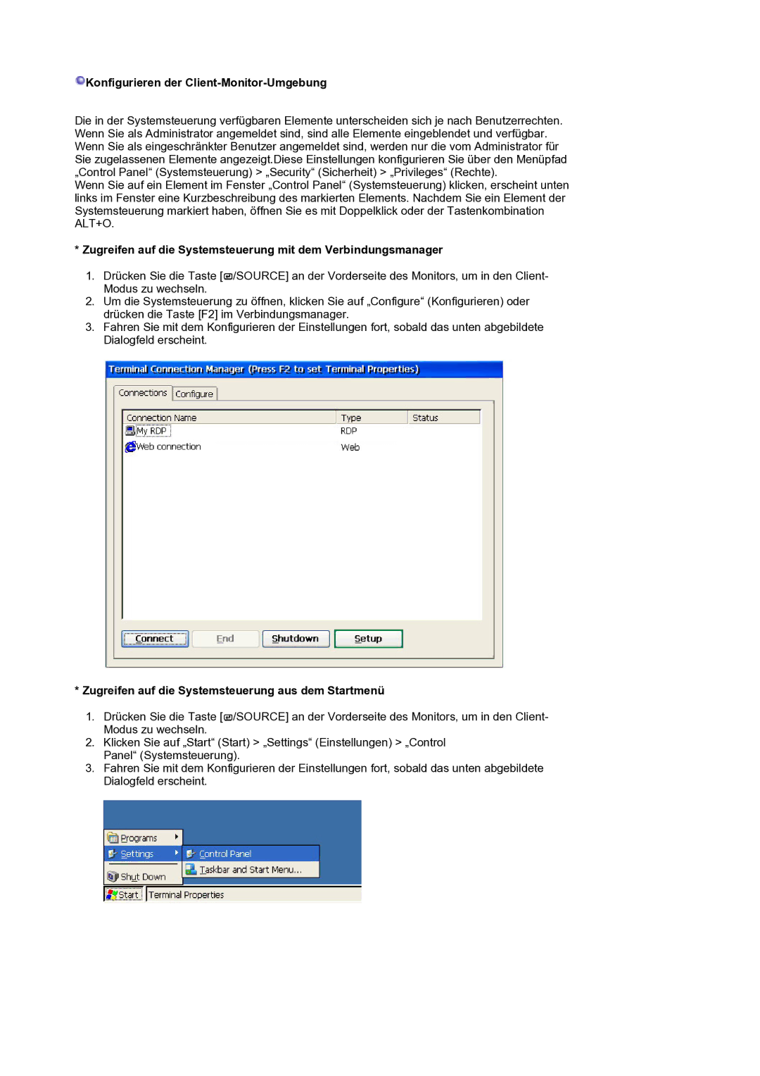 Samsung LS17SMTTS/EDC manual Konfigurieren der Client-Monitor-Umgebung, Zugreifen auf die Systemsteuerung aus dem Startmenü 