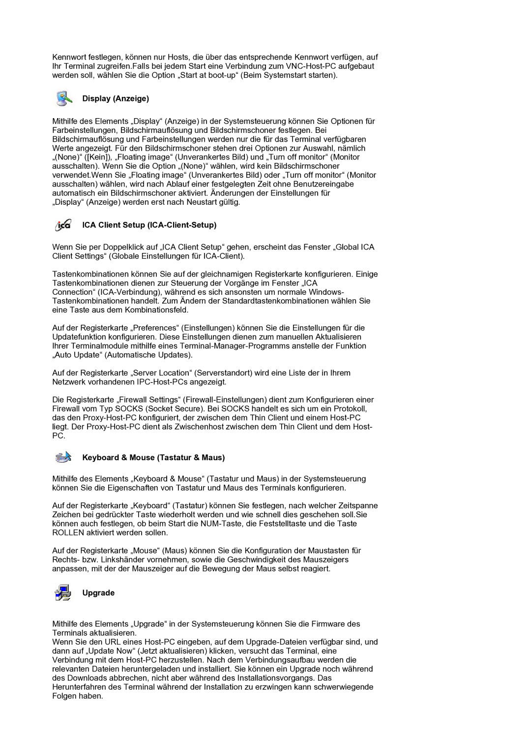 Samsung LS17SMTTS/EDC manual Display Anzeige, ICA Client Setup ICA-Client-Setup, Keyboard & Mouse Tastatur & Maus, Upgrade 