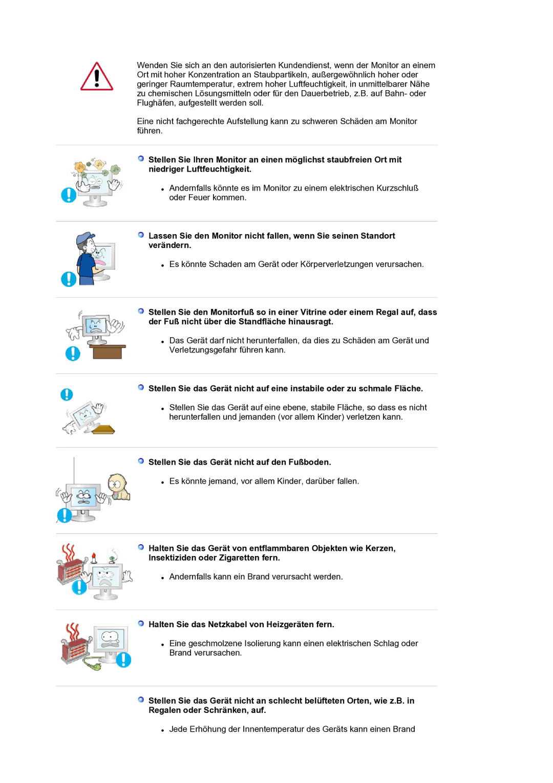 Samsung LS17SMTTS/EDC manual Stellen Sie das Gerät nicht auf den Fußboden, Halten Sie das Netzkabel von Heizgeräten fern 