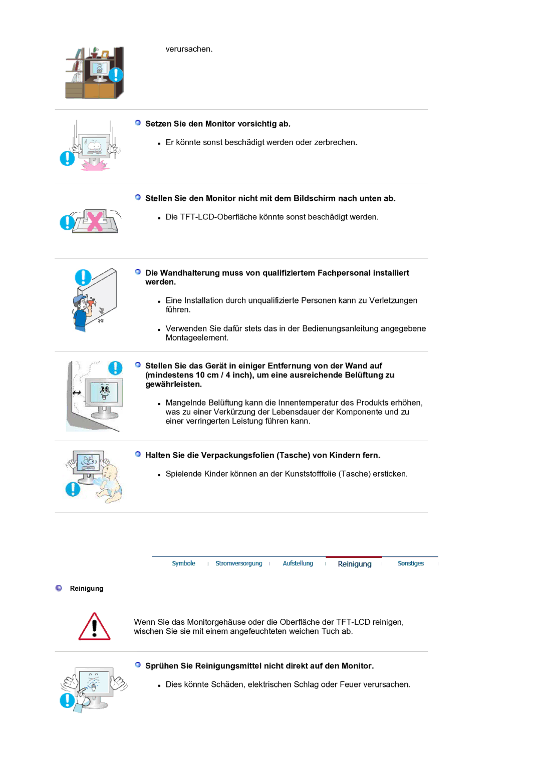 Samsung LS17SMTTS/EDC manual Setzen Sie den Monitor vorsichtig ab, Halten Sie die Verpackungsfolien Tasche von Kindern fern 