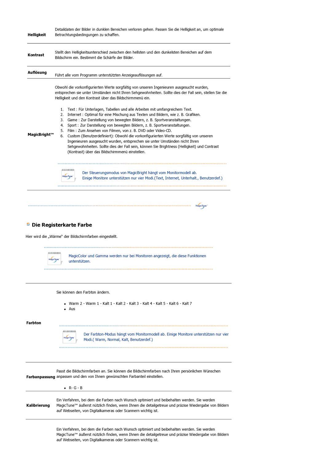 Samsung LS17SMTTS/EDC manual Die Registerkarte Farbe 