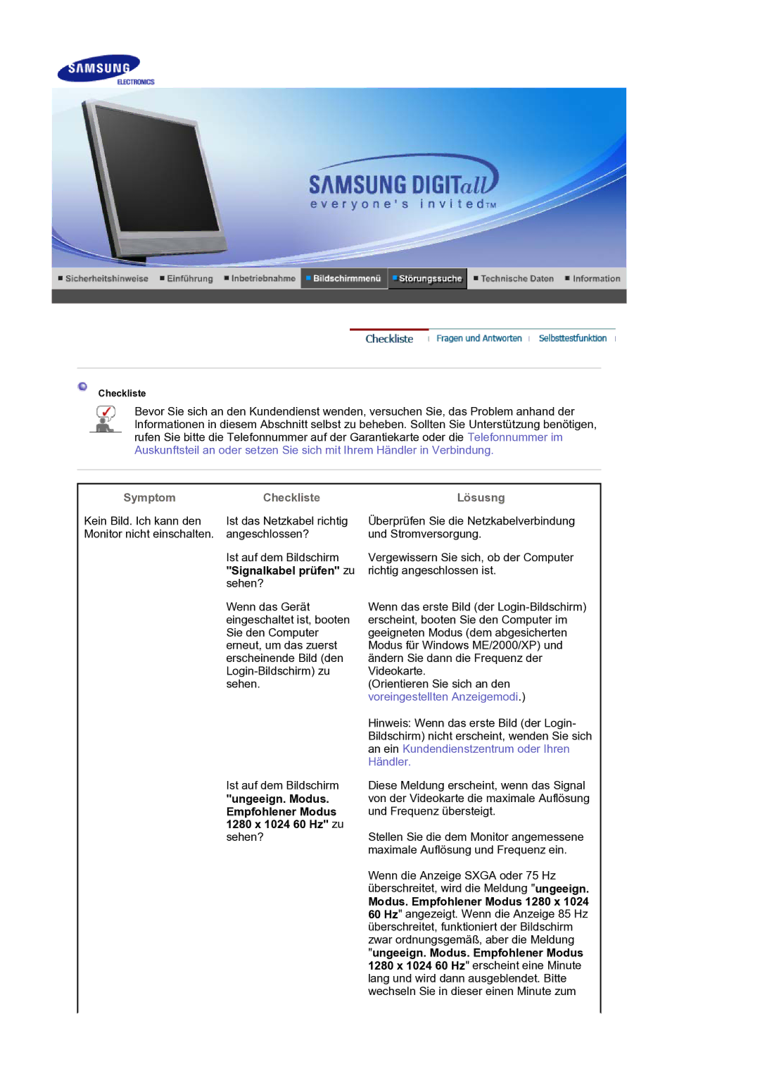 Samsung LS17SMTTS/EDC manual Symptom Checkliste Lösusng 