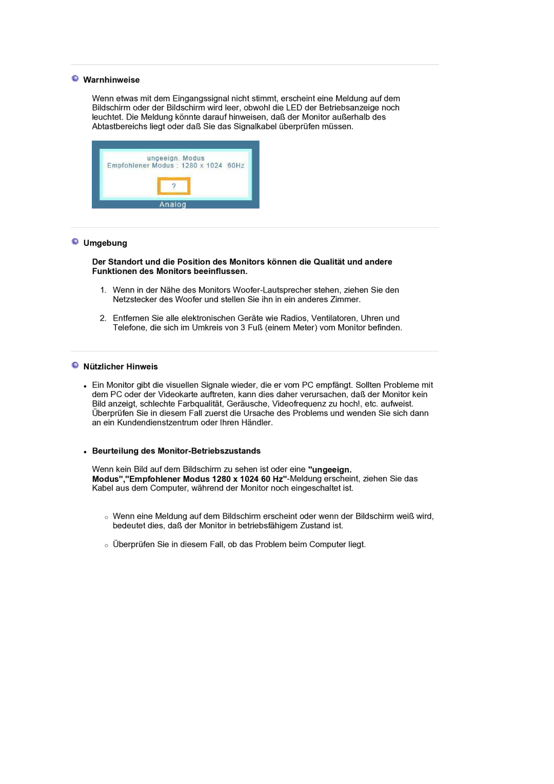 Samsung LS17SMTTS/EDC manual Warnhinweise, Nützlicher Hinweis, Beurteilung des Monitor-Betriebszustands 