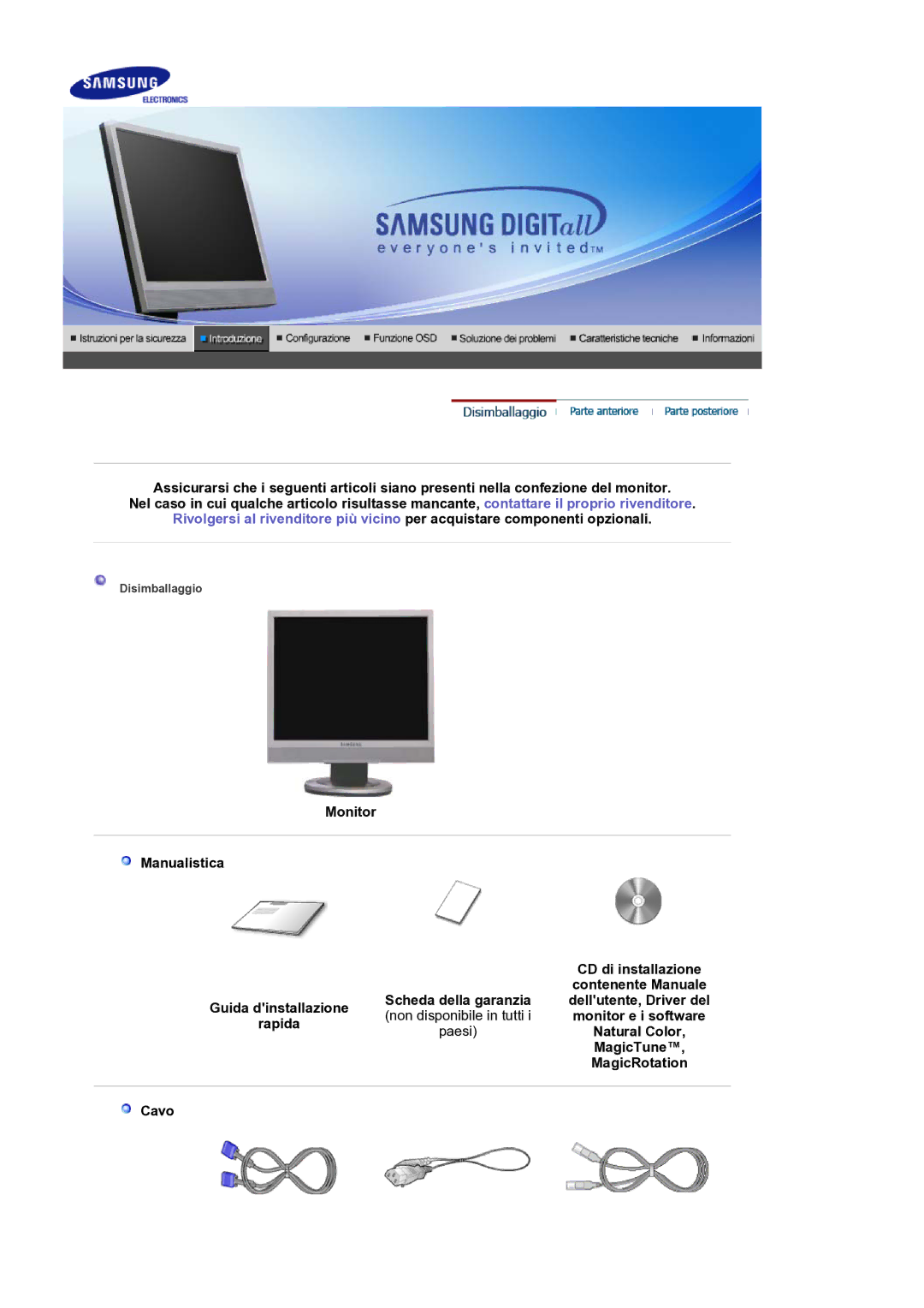 Samsung LS17SMTTS/EDC manual Monitor e i software, Rapida, Natural Color, MagicTune, MagicRotation, Cavo 