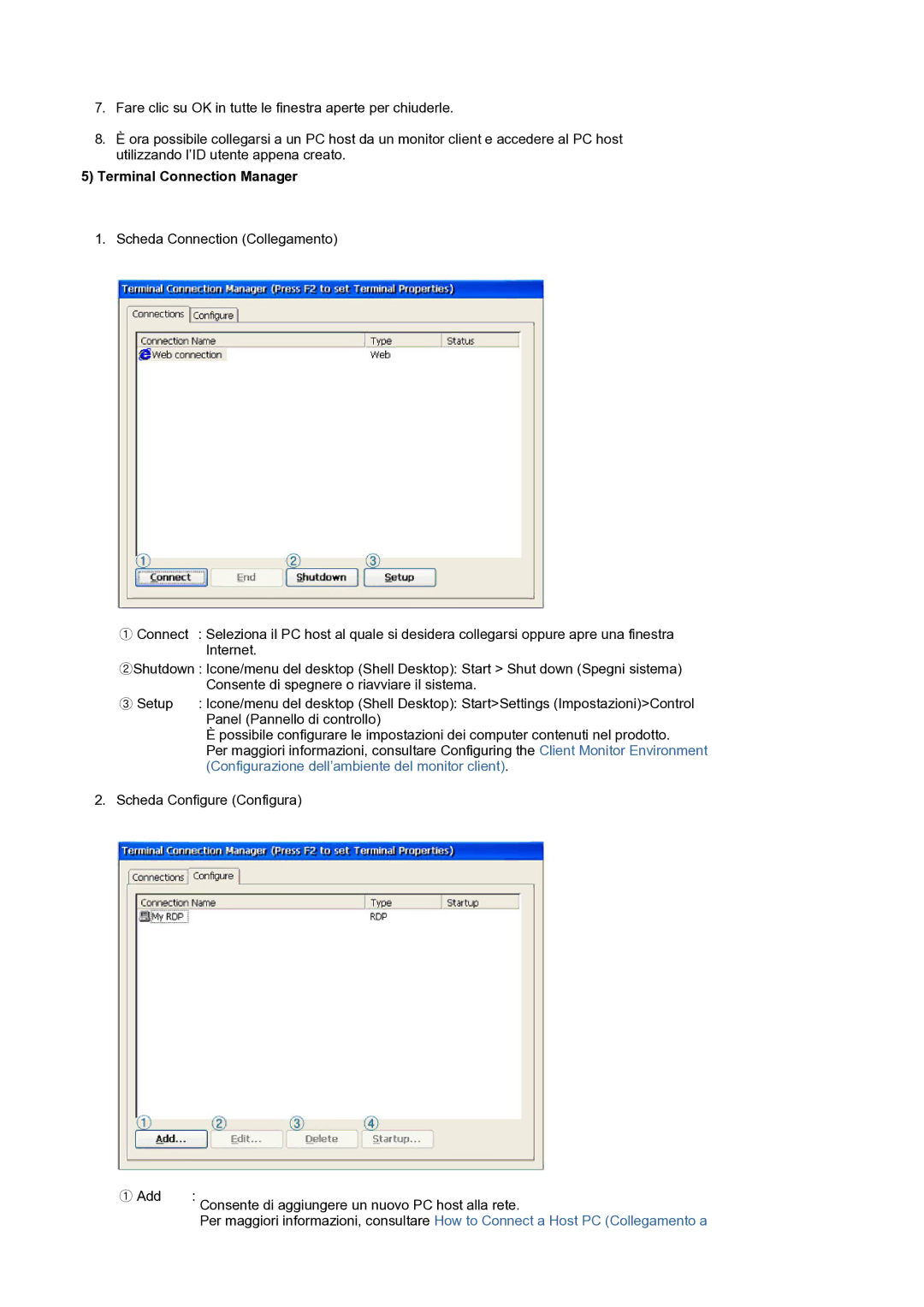 Samsung LS17SMTTS/EDC manual Terminal Connection Manager, Configurazione dell’ambiente del monitor client 