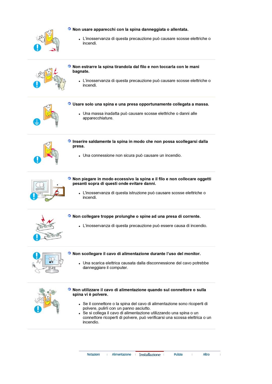 Samsung LS17SMTTS/EDC manual Non usare apparecchi con la spina danneggiata o allentata 