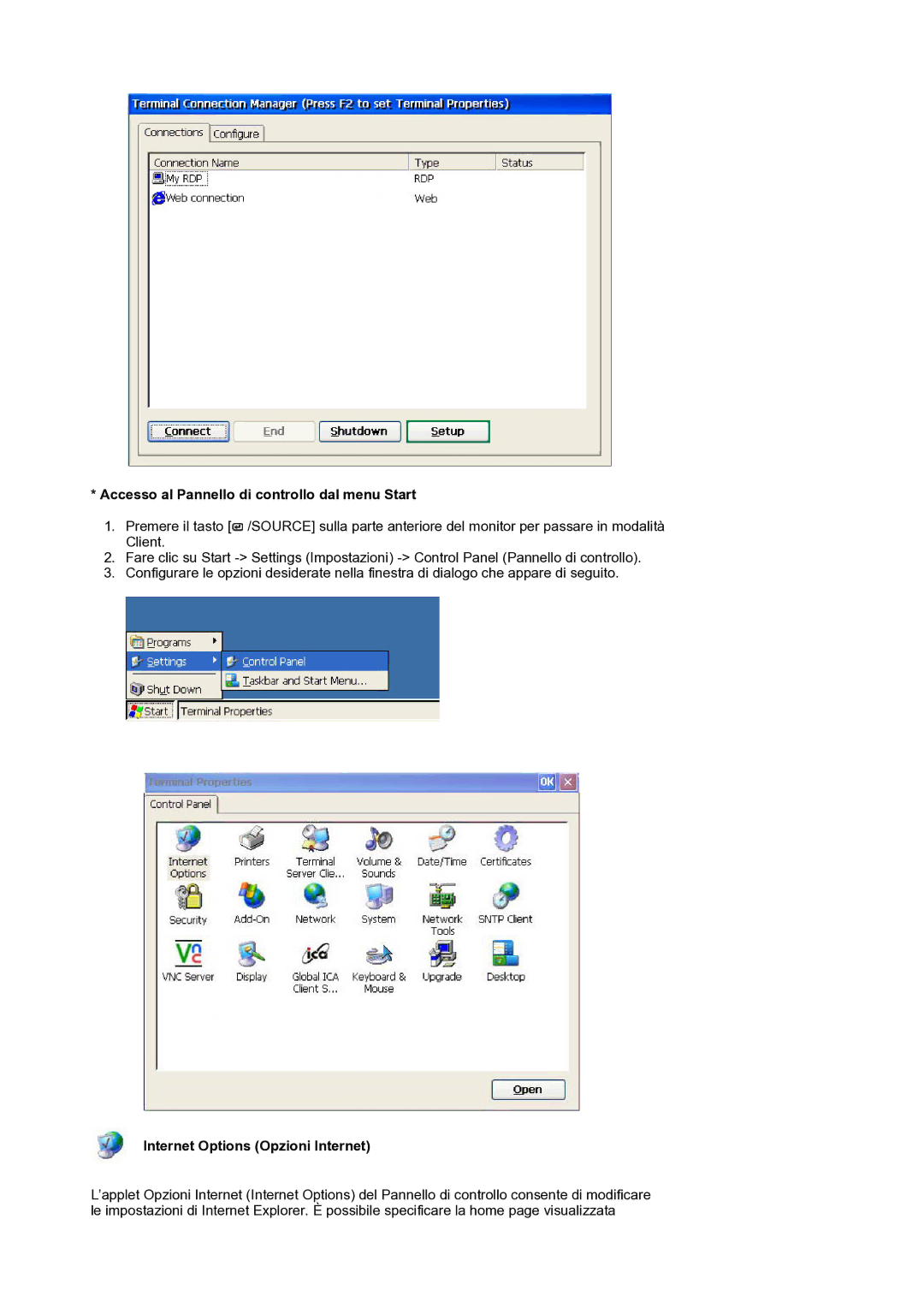 Samsung LS17SMTTS/EDC manual Accesso al Pannello di controllo dal menu Start, Internet Options Opzioni Internet 