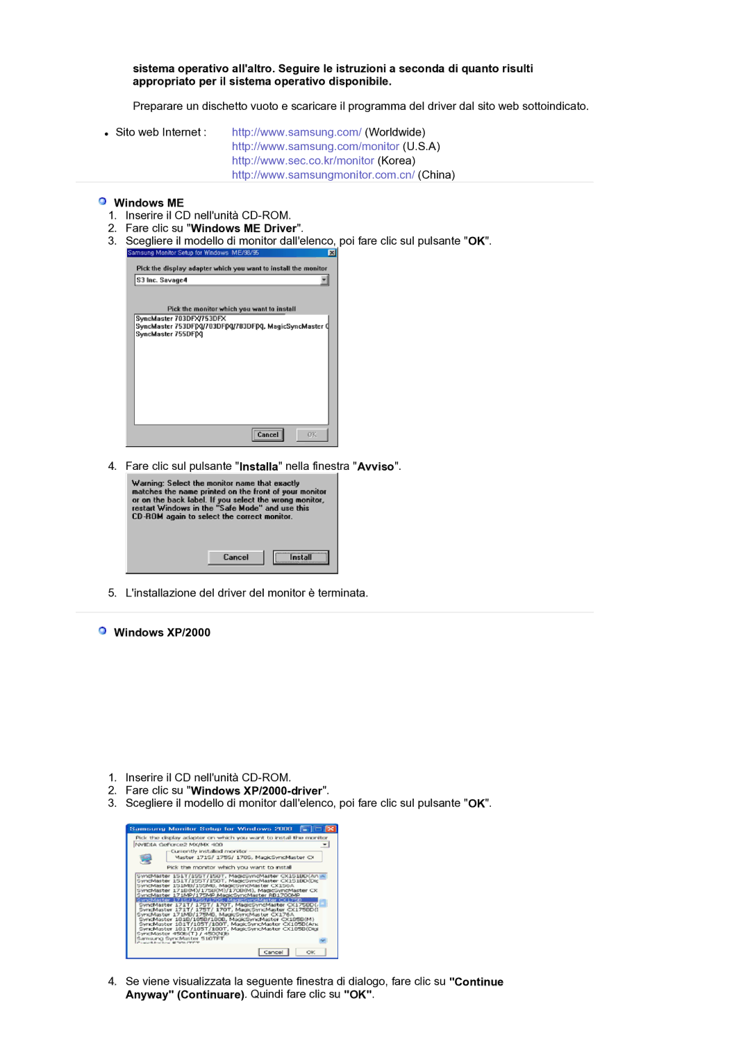 Samsung LS17SMTTS/EDC manual Fare clic su Windows ME Driver, Fare clic su Windows XP/2000-driver 