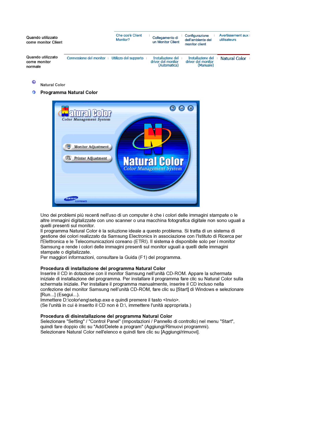 Samsung LS17SMTTS/EDC manual Programma Natural Color, Procedura di installazione del programma Natural Color 
