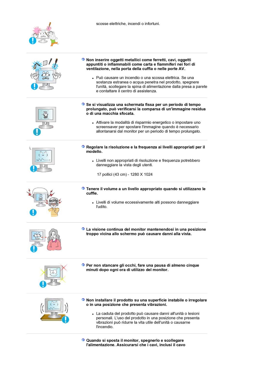 Samsung LS17SMTTS/EDC manual Scosse elettriche, incendi o infortuni 