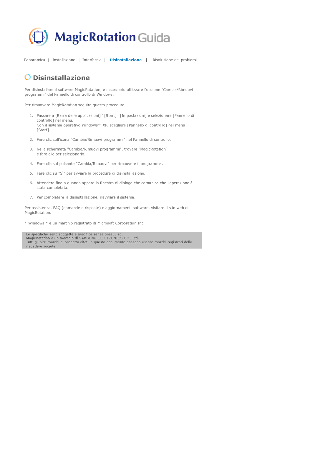 Samsung LS17SMTTS/EDC manual Disinstallazione 